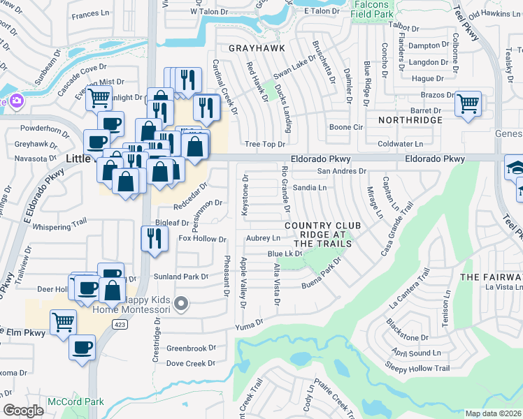 map of restaurants, bars, coffee shops, grocery stores, and more near 1267 Arbuckle Drive in Frisco