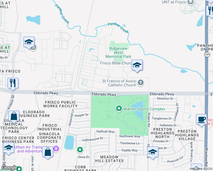 map of restaurants, bars, coffee shops, grocery stores, and more near 11758 Mikaela Drive in Frisco