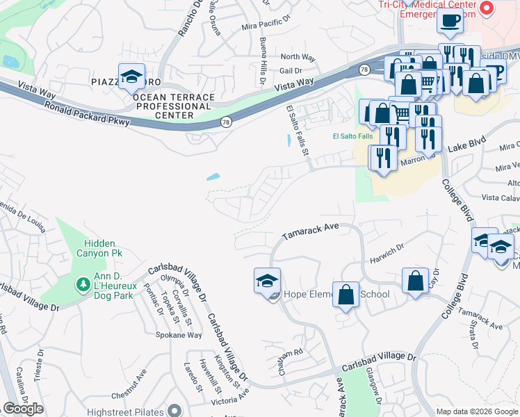 map of restaurants, bars, coffee shops, grocery stores, and more near 3325 Telaga Road in Carlsbad