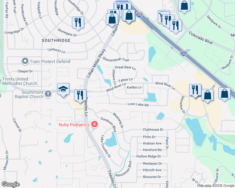 map of restaurants, bars, coffee shops, grocery stores, and more near 2304 Caddo Circle in Denton