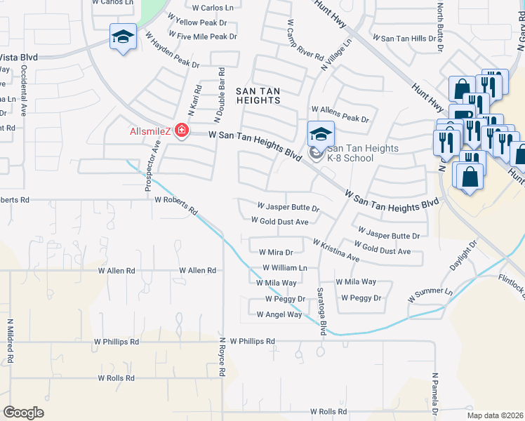 map of restaurants, bars, coffee shops, grocery stores, and more near 2893 West Jasper Butte Drive in Queen Creek