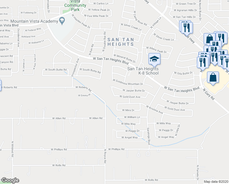 map of restaurants, bars, coffee shops, grocery stores, and more near 32629 North Cherry Creek Road in Queen Creek