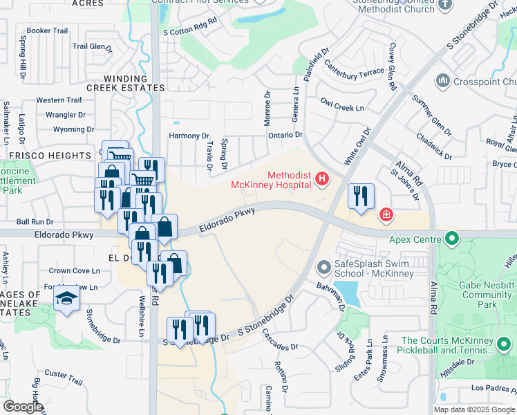 map of restaurants, bars, coffee shops, grocery stores, and more near Orion Drive in McKinney