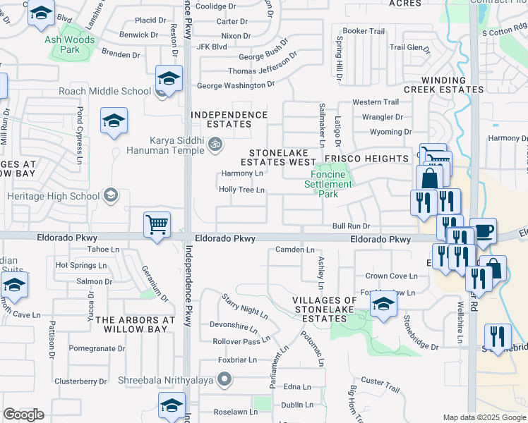 map of restaurants, bars, coffee shops, grocery stores, and more near 14955 Myrtle Beach Lane in Frisco