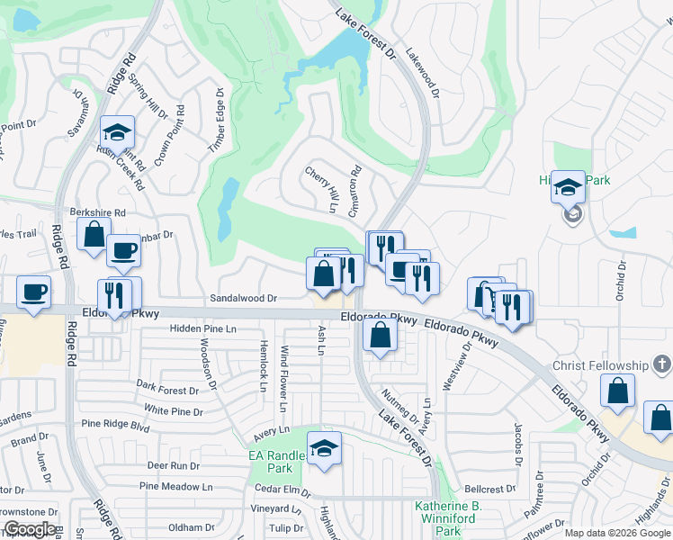 map of restaurants, bars, coffee shops, grocery stores, and more near 5012 Arbor Hollow Drive in McKinney