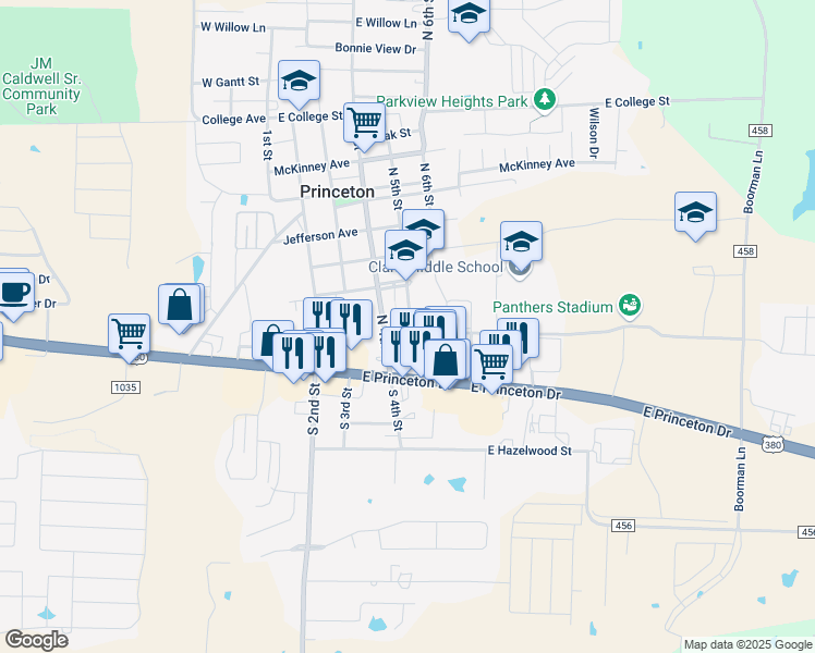 map of restaurants, bars, coffee shops, grocery stores, and more near 422 Bois D Arc Avenue in Princeton