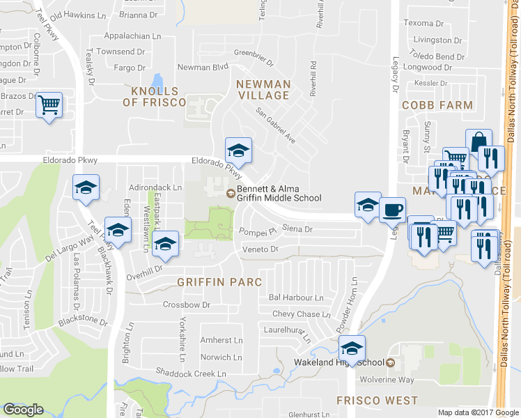 map of restaurants, bars, coffee shops, grocery stores, and more near 3900 Siena Drive in Frisco