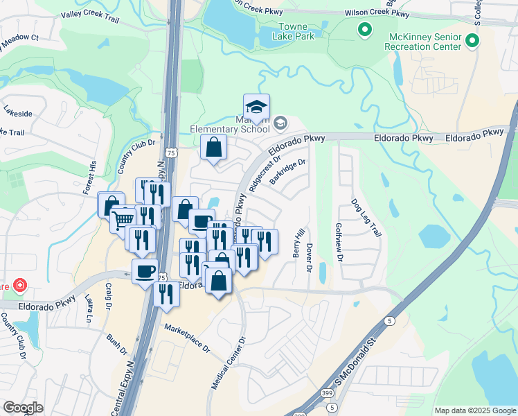 map of restaurants, bars, coffee shops, grocery stores, and more near 1410 Courtland Lane in McKinney