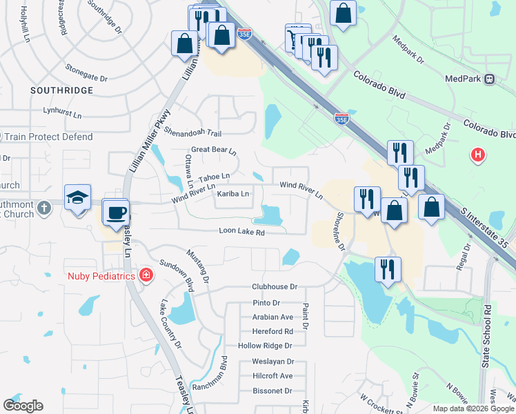 map of restaurants, bars, coffee shops, grocery stores, and more near 2516 Champlain Lane in Denton