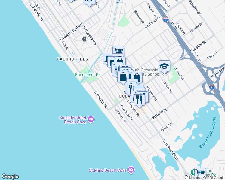 map of restaurants, bars, coffee shops, grocery stores, and more near 1720 Broadway Street in Oceanside