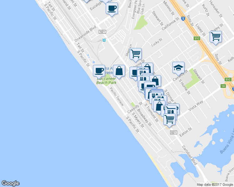 map of restaurants, bars, coffee shops, grocery stores, and more near 1639 South Myers Street in Oceanside