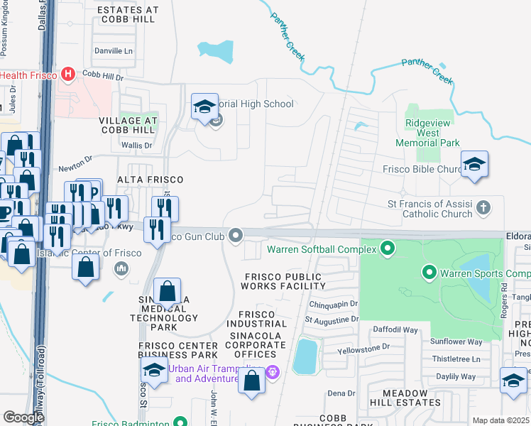map of restaurants, bars, coffee shops, grocery stores, and more near 11900 Research Road in Frisco