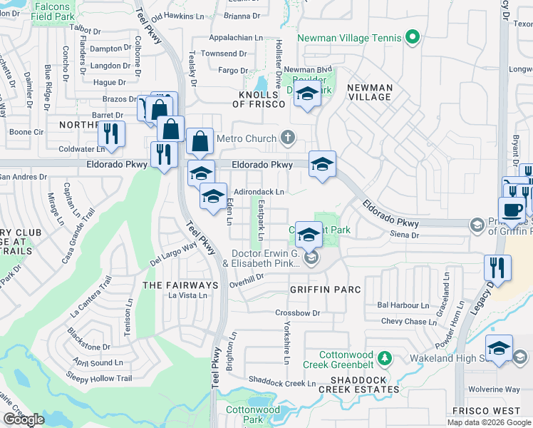 map of restaurants, bars, coffee shops, grocery stores, and more near 11840 Eastpark Lane in Frisco