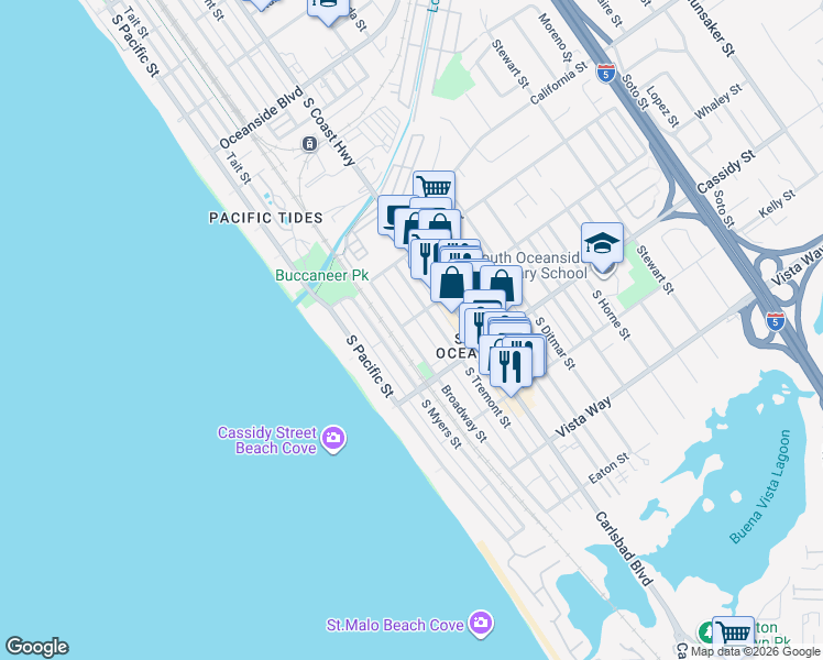map of restaurants, bars, coffee shops, grocery stores, and more near 1720 Broadway Street in Oceanside