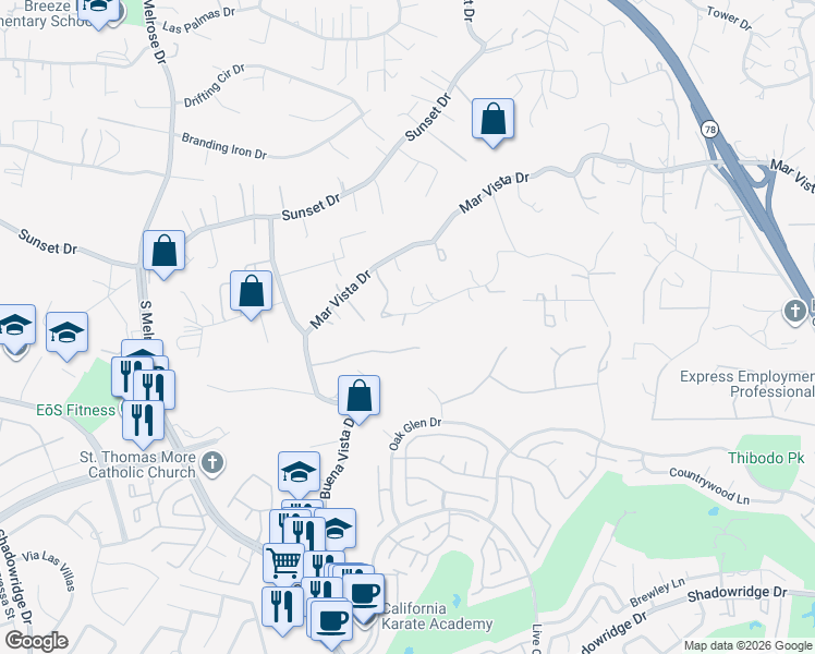 map of restaurants, bars, coffee shops, grocery stores, and more near 1150 Marine View Drive in Vista