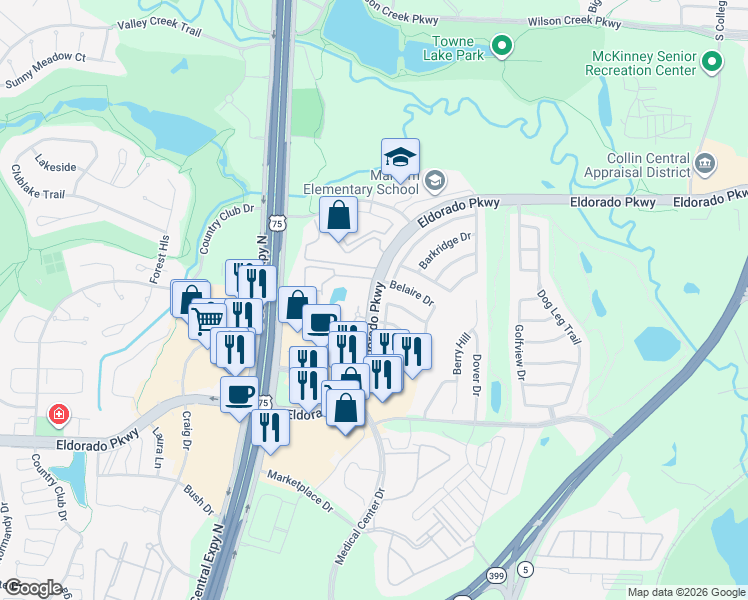 map of restaurants, bars, coffee shops, grocery stores, and more near 1491 West Eldorado Parkway in McKinney