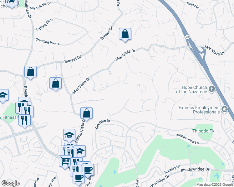 map of restaurants, bars, coffee shops, grocery stores, and more near 1030 Marine View Drive in Vista