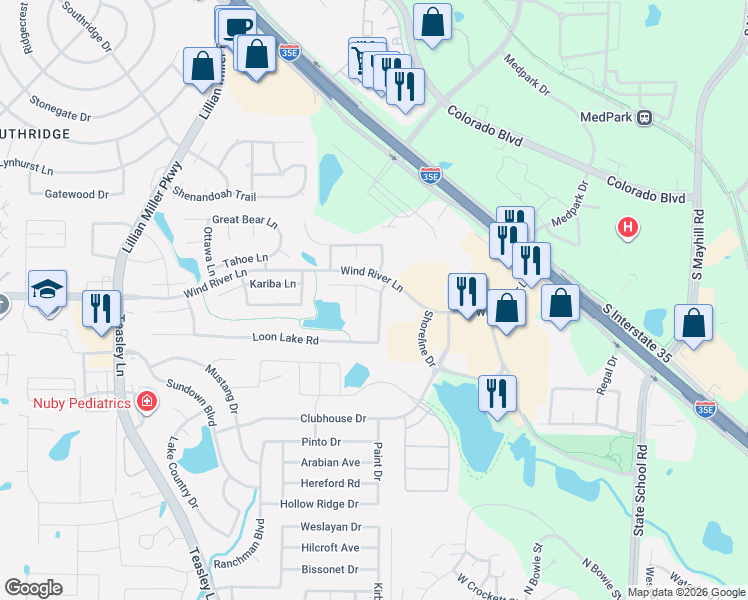 map of restaurants, bars, coffee shops, grocery stores, and more near 3213 Herring Court in Denton