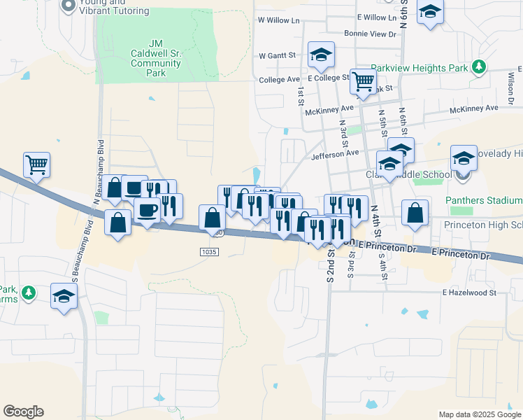 map of restaurants, bars, coffee shops, grocery stores, and more near 101 Yorkshire Drive in Princeton