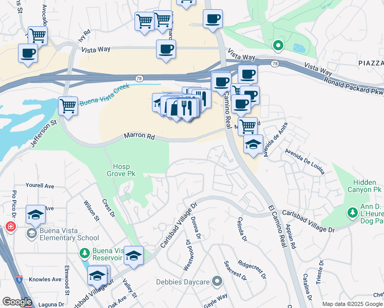 map of restaurants, bars, coffee shops, grocery stores, and more near 2262 Avenida Magnifica in Carlsbad