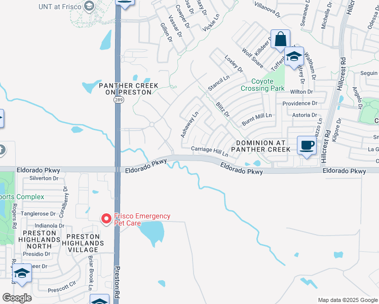 map of restaurants, bars, coffee shops, grocery stores, and more near 9679 Carriage Hill Lane in Frisco