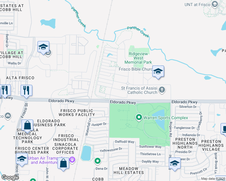 map of restaurants, bars, coffee shops, grocery stores, and more near 7411 Joshua Road in Frisco