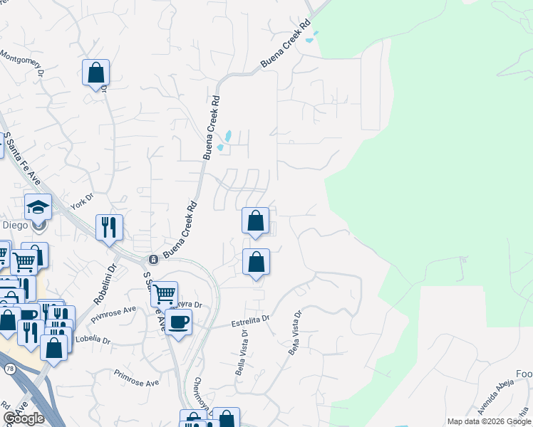 map of restaurants, bars, coffee shops, grocery stores, and more near 2134 Verona Hills Court in Vista