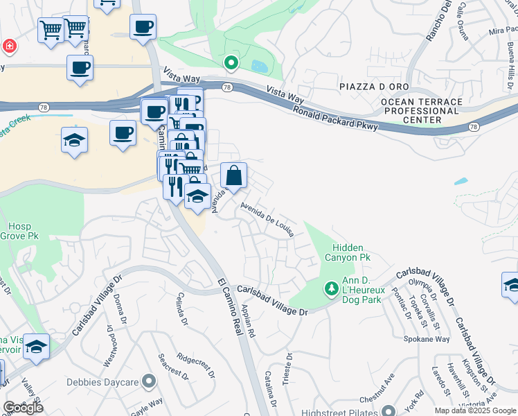 map of restaurants, bars, coffee shops, grocery stores, and more near 2823 Via Carrio in Carlsbad