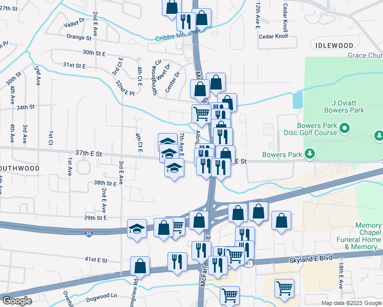 map of restaurants, bars, coffee shops, grocery stores, and more near 3613 7th Avenue East in Tuscaloosa