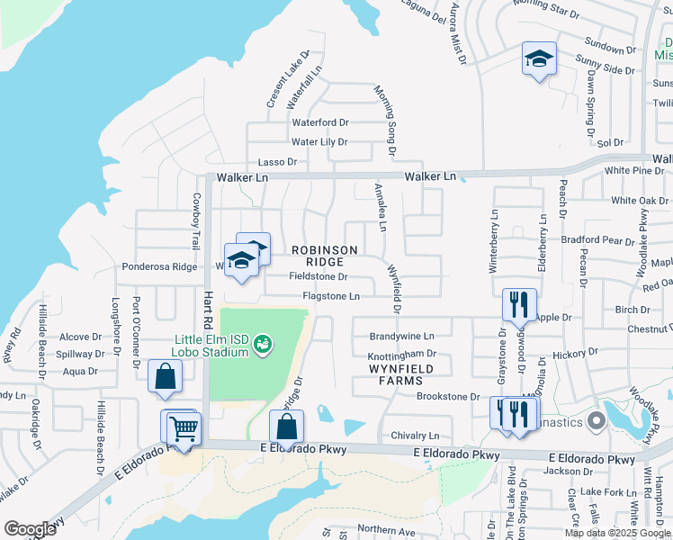 map of restaurants, bars, coffee shops, grocery stores, and more near 1612 Fieldstone Drive in Little Elm