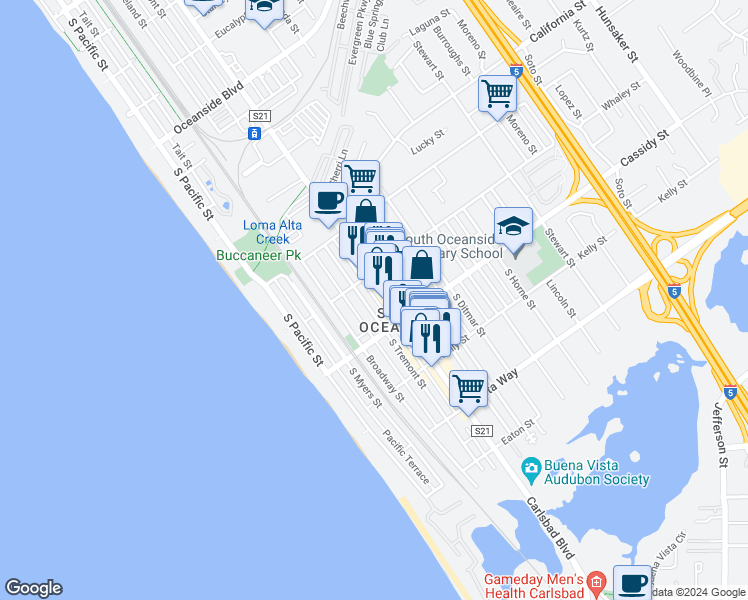map of restaurants, bars, coffee shops, grocery stores, and more near 1724 South Tremont Street in Oceanside