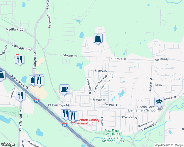 map of restaurants, bars, coffee shops, grocery stores, and more near 3425 Oceanview Drive in Denton