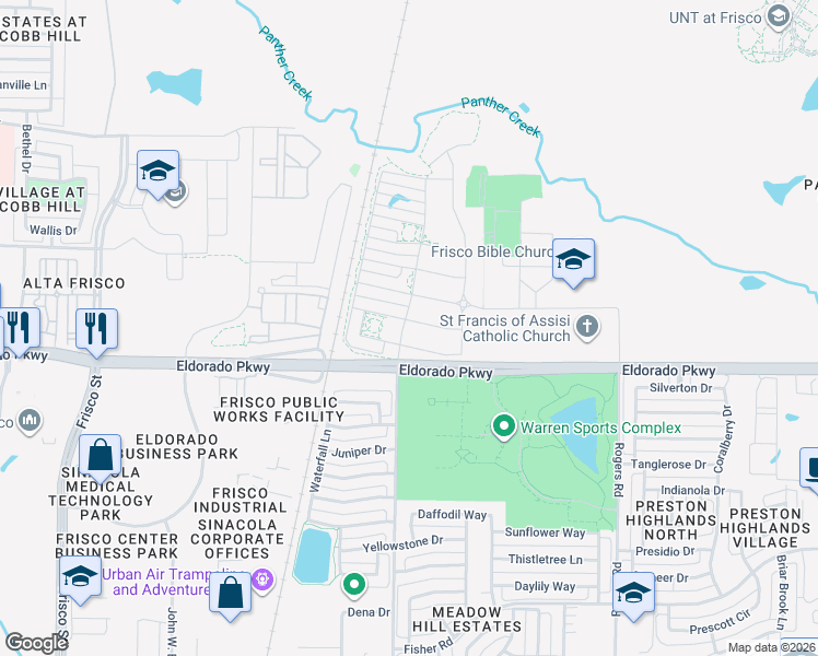map of restaurants, bars, coffee shops, grocery stores, and more near 7411 Joshua Road in Frisco