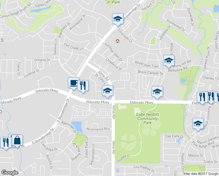 map of restaurants, bars, coffee shops, grocery stores, and more near 2909 Saint John South Drive in McKinney