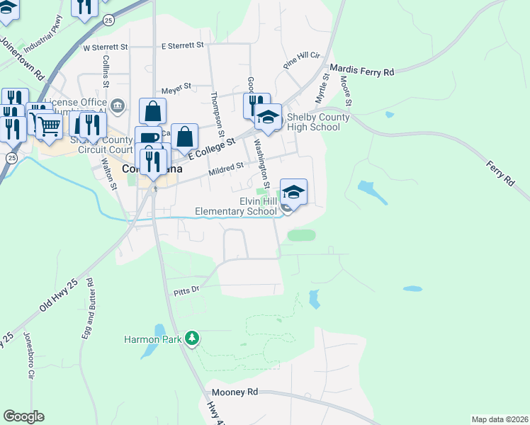 map of restaurants, bars, coffee shops, grocery stores, and more near 198 Washington Street in Columbiana