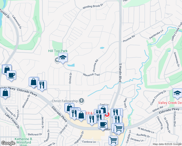 map of restaurants, bars, coffee shops, grocery stores, and more near 3613 Gillespie Road in McKinney
