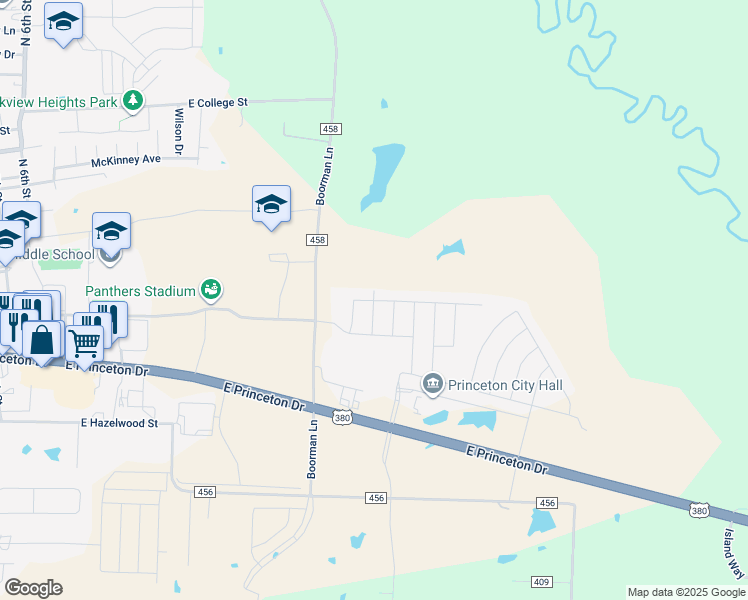 map of restaurants, bars, coffee shops, grocery stores, and more near Sweet Pea Lane in Princeton