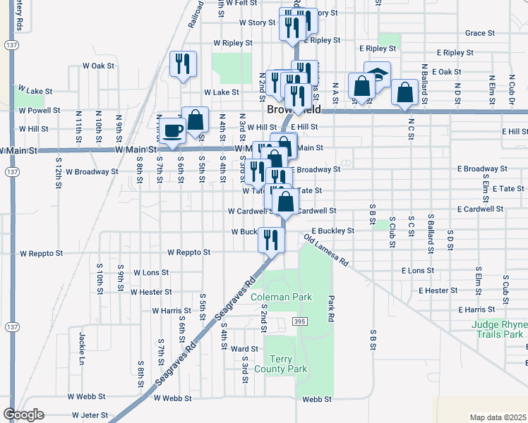 map of restaurants, bars, coffee shops, grocery stores, and more near 400 South 2nd Street in Brownfield