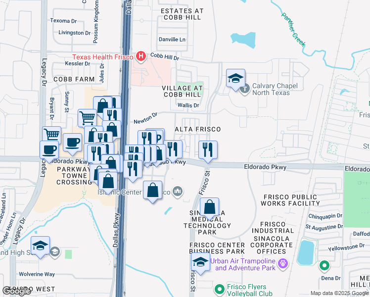 map of restaurants, bars, coffee shops, grocery stores, and more near 6000 Eldorado Parkway in Frisco
