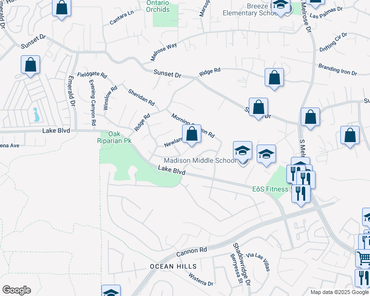 map of restaurants, bars, coffee shops, grocery stores, and more near 3545 Normount Road in Oceanside