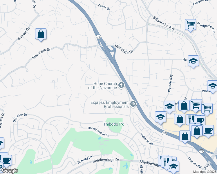 map of restaurants, bars, coffee shops, grocery stores, and more near 520 Edna Way in Vista