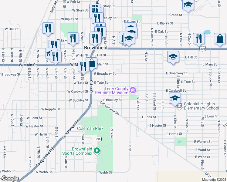 map of restaurants, bars, coffee shops, grocery stores, and more near 449-499 S A St in Brownfield