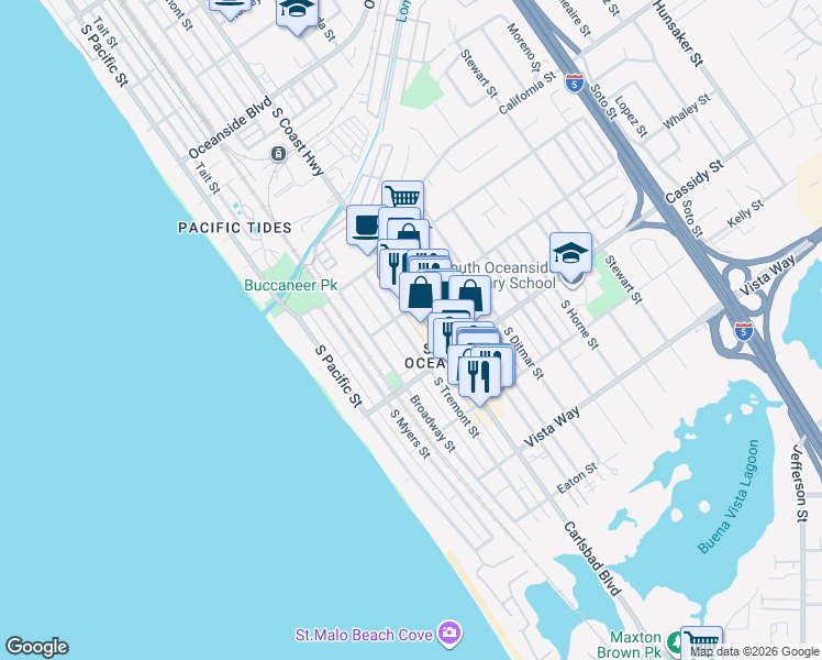 map of restaurants, bars, coffee shops, grocery stores, and more near 1738 South Tremont Street in Oceanside