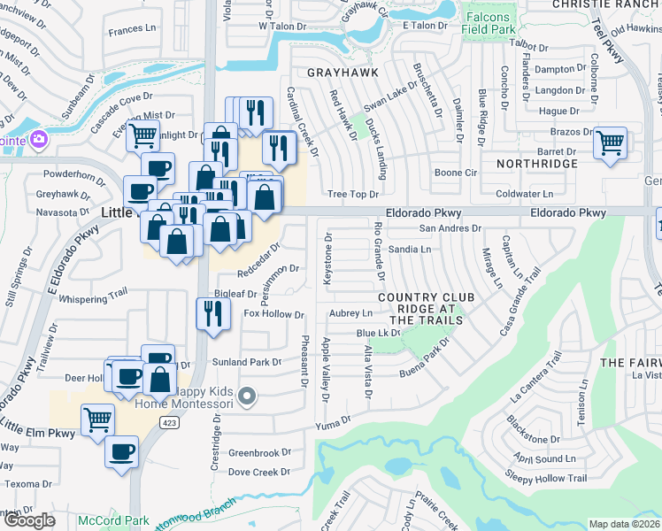 map of restaurants, bars, coffee shops, grocery stores, and more near 1267 Arbuckle Drive in Frisco