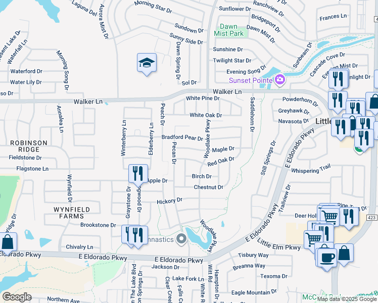 map of restaurants, bars, coffee shops, grocery stores, and more near 2235 Red Oak Drive in Little Elm