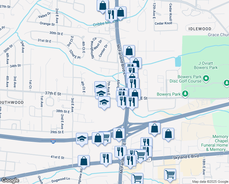 map of restaurants, bars, coffee shops, grocery stores, and more near 3613 7th Avenue East in Tuscaloosa