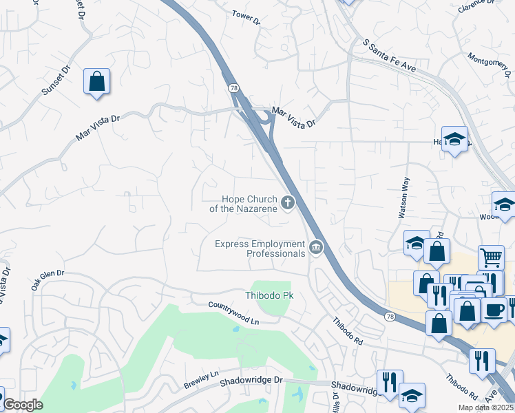 map of restaurants, bars, coffee shops, grocery stores, and more near 520 Edna Way in Vista
