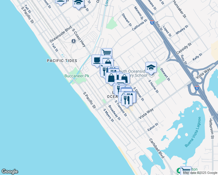 map of restaurants, bars, coffee shops, grocery stores, and more near 1738 South Tremont Street in Oceanside