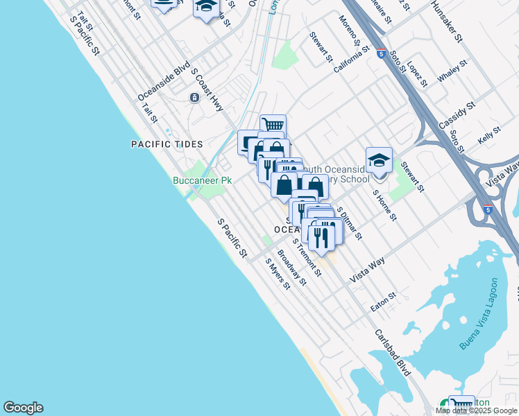map of restaurants, bars, coffee shops, grocery stores, and more near 1720 Broadway Street in Oceanside