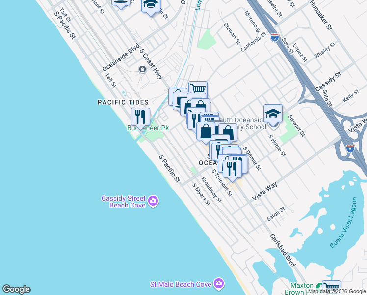 map of restaurants, bars, coffee shops, grocery stores, and more near 1639 South Myers Street in Oceanside